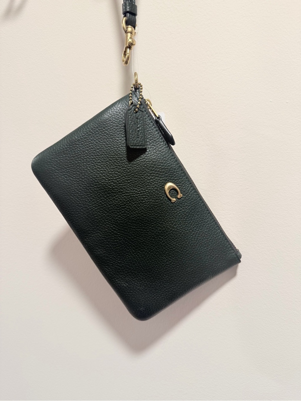 Coach Dark Green Pebbled Leather Wristlet with Gold Accent